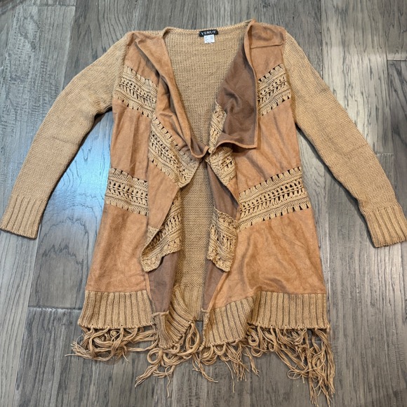 Venus Fringe Cardigan Tan Boho Sweater Crochet Faux Suede Small - Picture 1 of 9